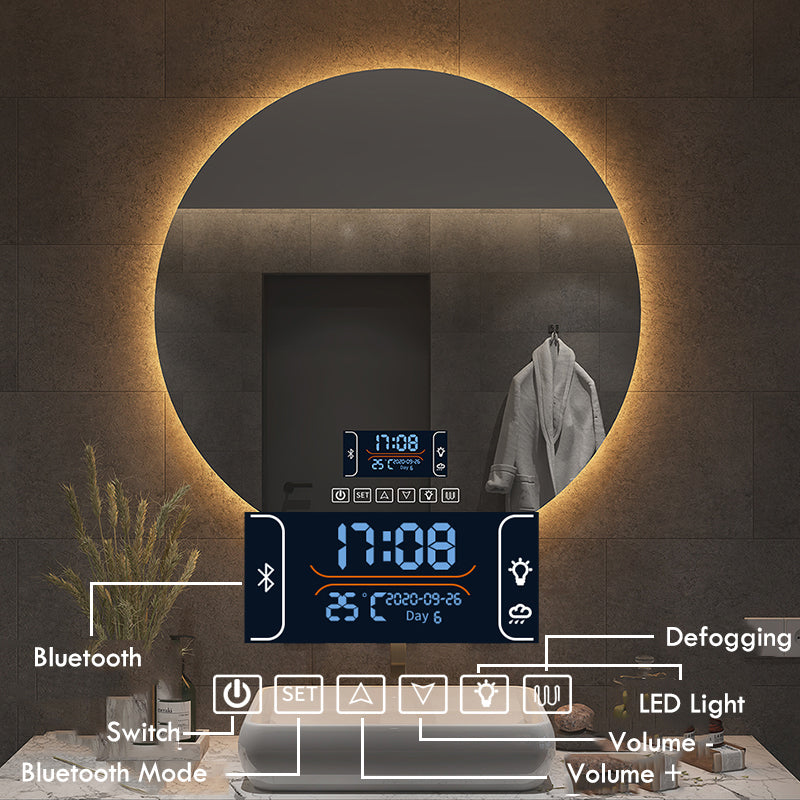 LED Wall Mirror + Time Display + Bluetooth + Defogging 
