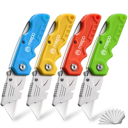4-Pack Folding Box Cutters – Heavy Duty, Razor Sharp with 10 Extra Blades