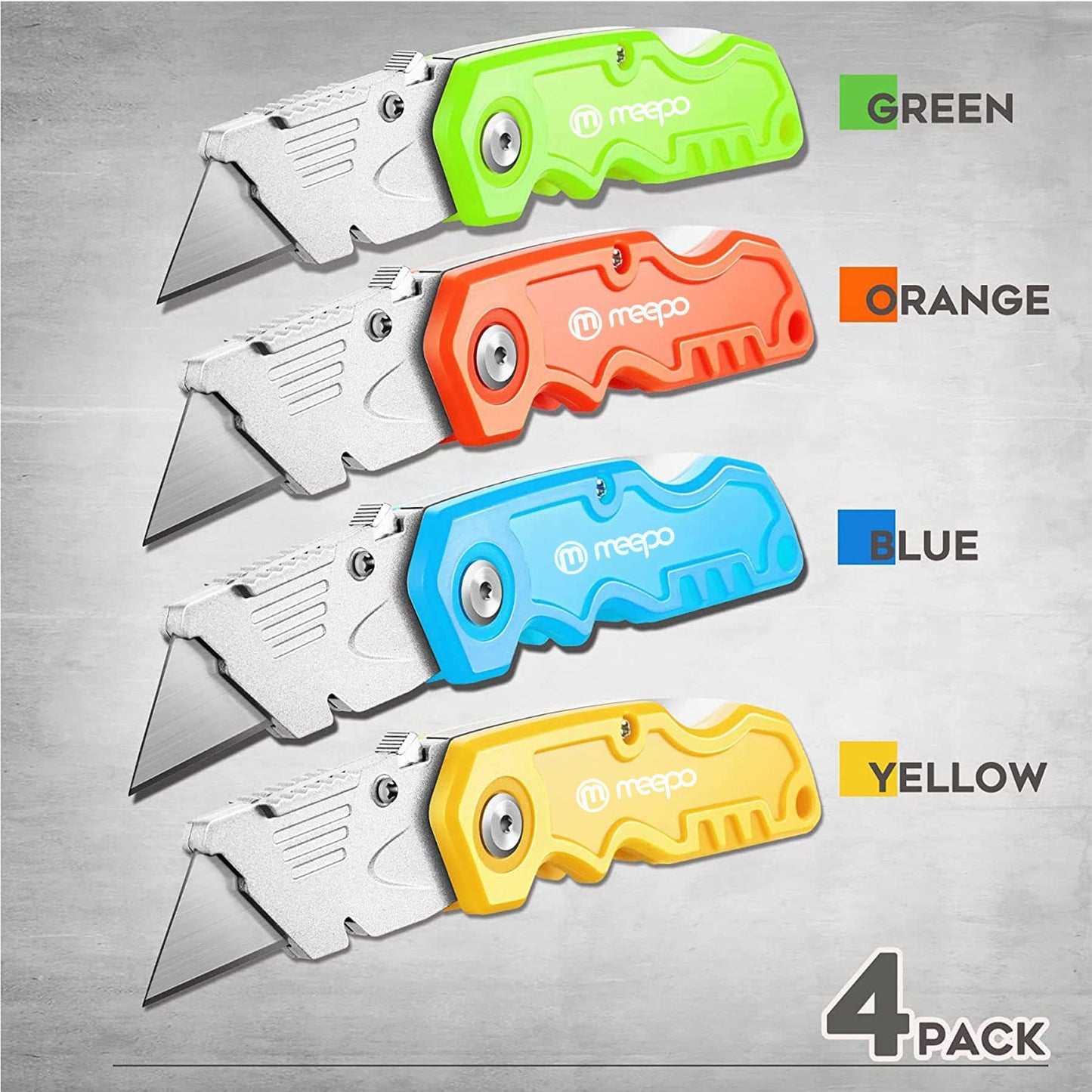 4-Pack Folding Box Cutters – Heavy Duty, Razor Sharp with 10 Extra Blades