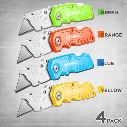 4-Pack Folding Box Cutters – Heavy Duty, Razor Sharp with 10 Extra Blades