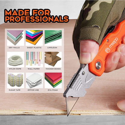 4-Pack Folding Box Cutters – Heavy Duty, Razor Sharp with 10 Extra Blades