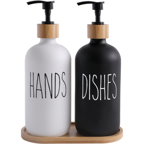 Hand & Dish Soap Dispenser Set with Bamboo Tray – Black & White