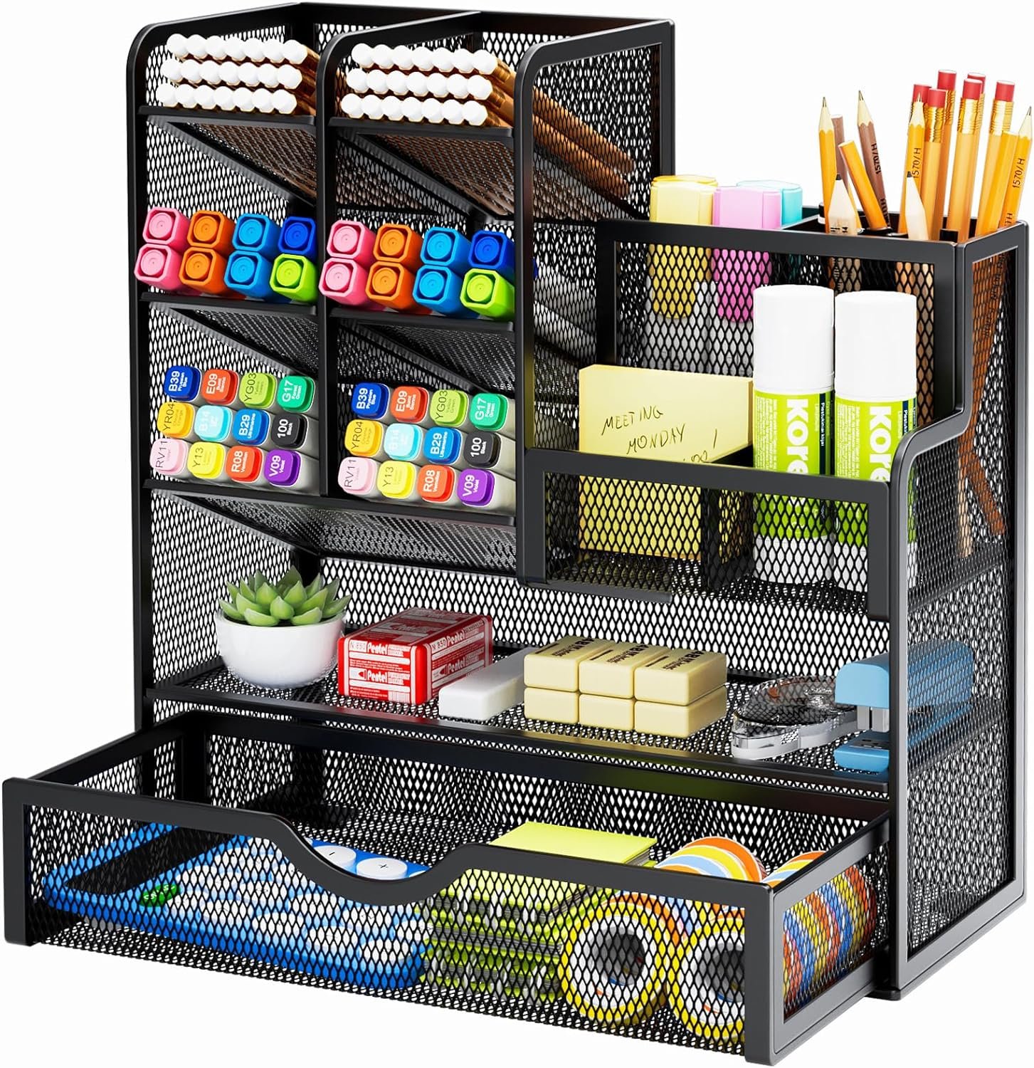 Mesh Desk Pen & Pencil Organizer with Drawer, Black